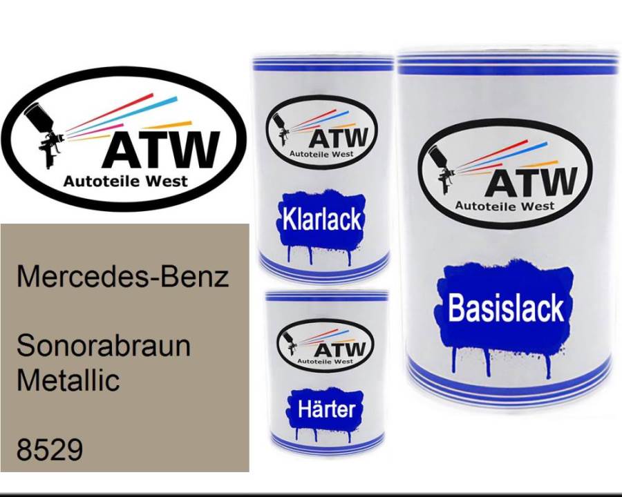 Mercedes-Benz, Sonorabraun Metallic, 8529: 500ml Lackdose + 500ml Klarlack + 250ml Härter - Set, von ATW Autoteile West.